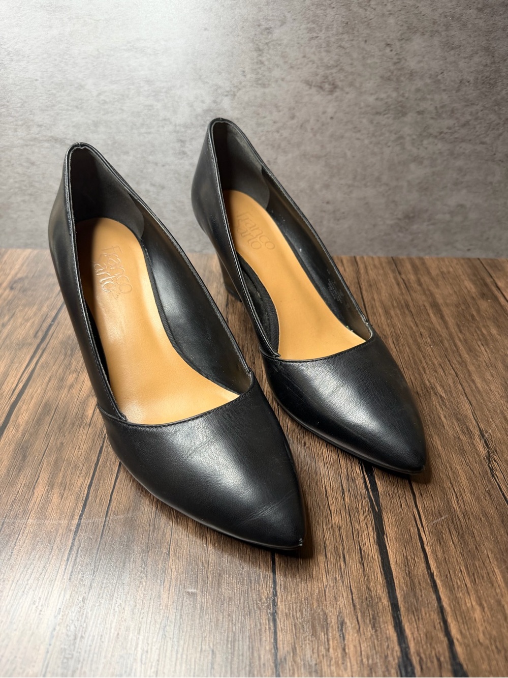 Franco Sarto Gio Black Leather Pointed Toe Wedge Pumps - Size 8